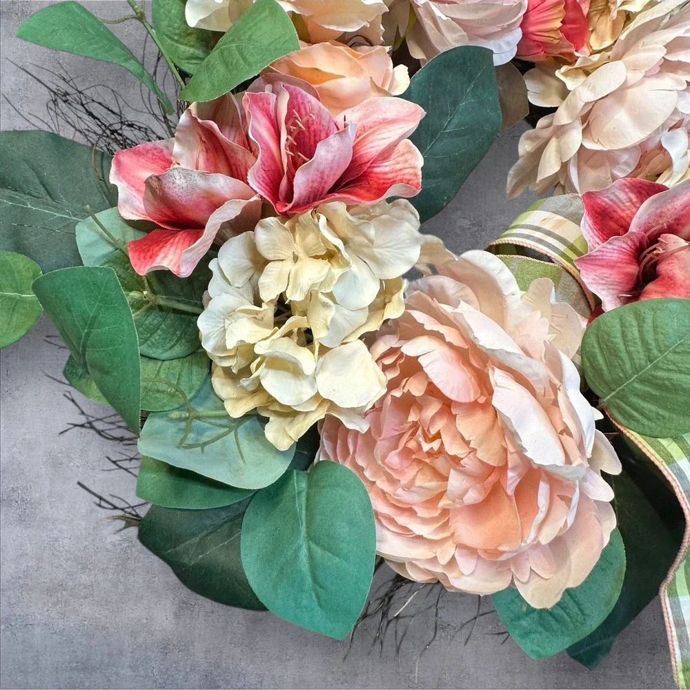 Spring‎ Floral Wreath Peony Hydrangea Faux Flowers Green Plaid Bow 22